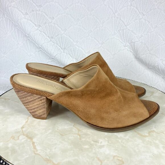 Silvana Diez Sandals Womens Size 9.5 Tan Suede Leather Qamuza Block Heel Mules - Picture 1 of 11